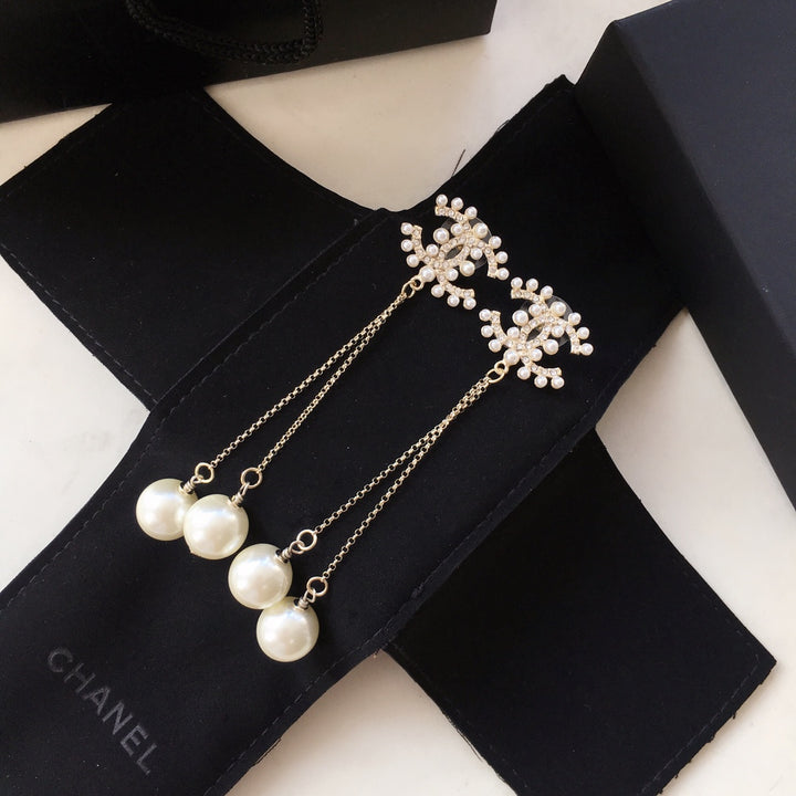 fashion double c dangling pearl tassel earrings