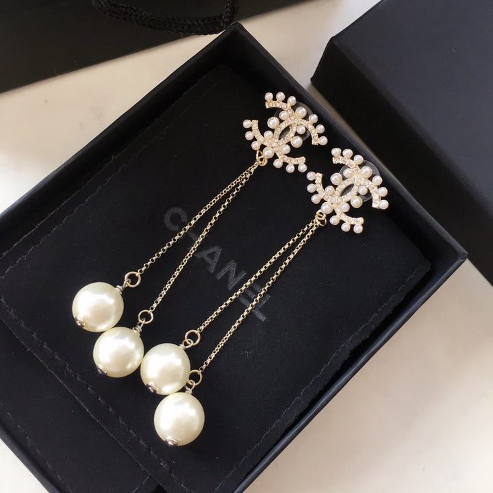 fashion double c dangling pearl tassel earrings