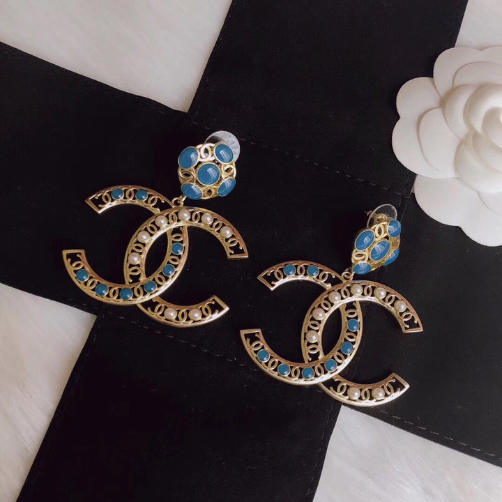 blue oil drop openwork double C large earrings