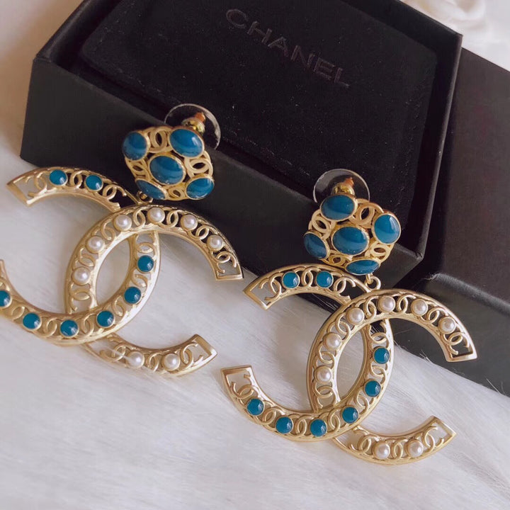 blue oil drop openwork double C large earrings