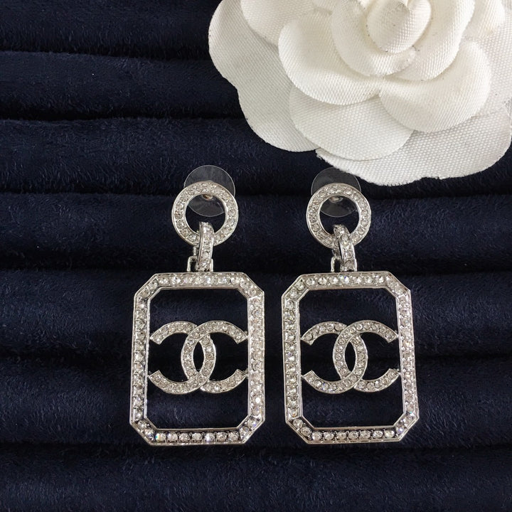 Fashion Double C Square Rhinestone Earrings