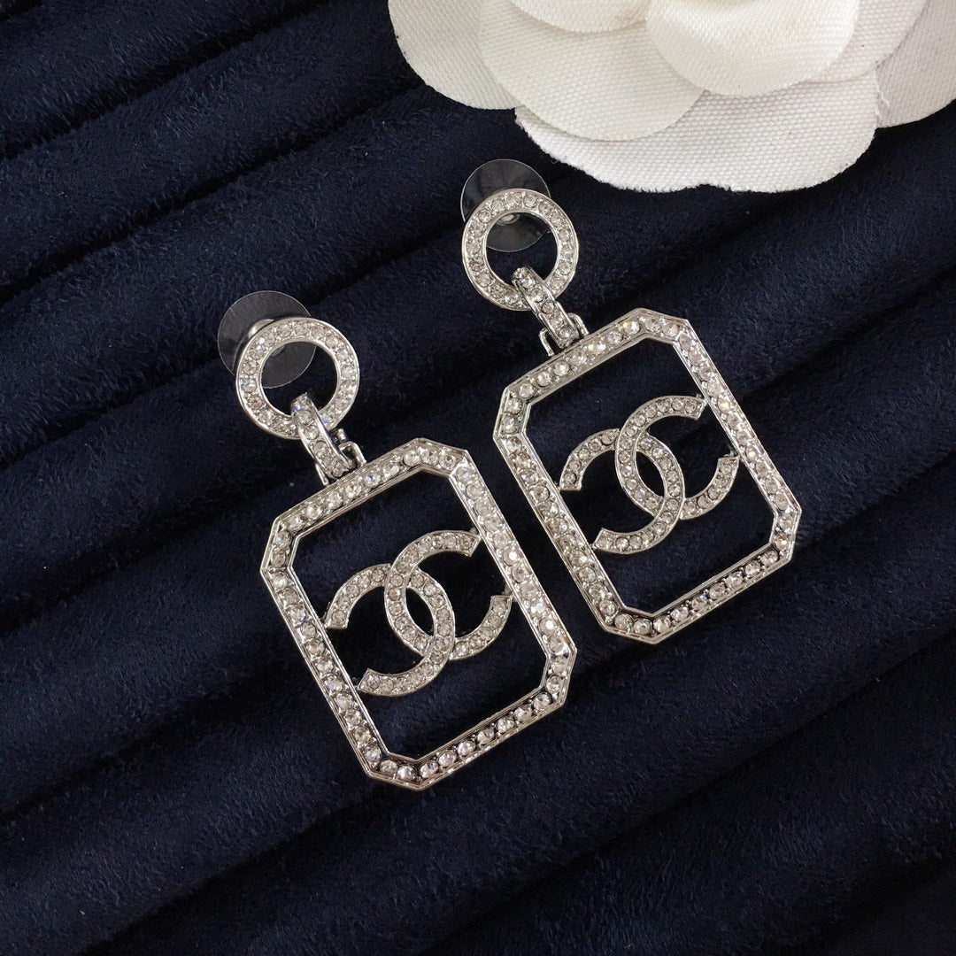 Fashion Double C Square Rhinestone Earrings