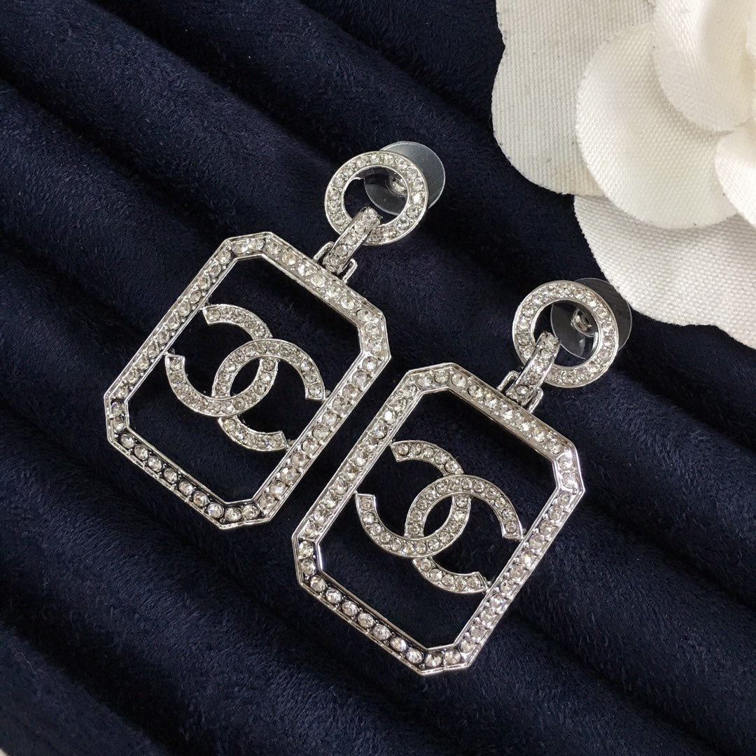 Fashion Double C Square Rhinestone Earrings