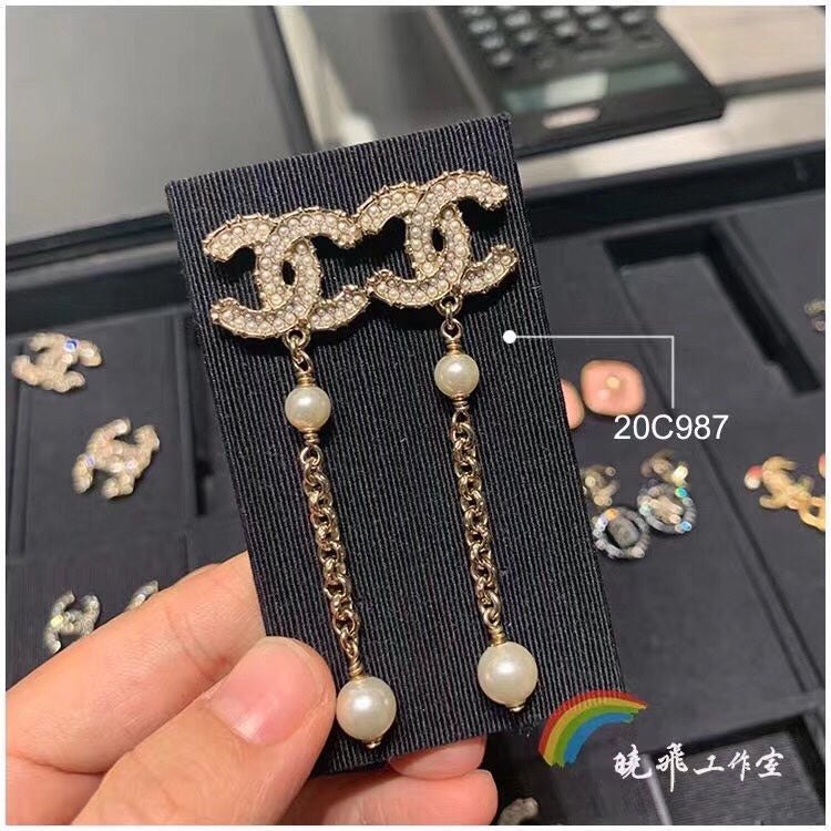 Fashion Double C Full Pearl Tassel Earrings