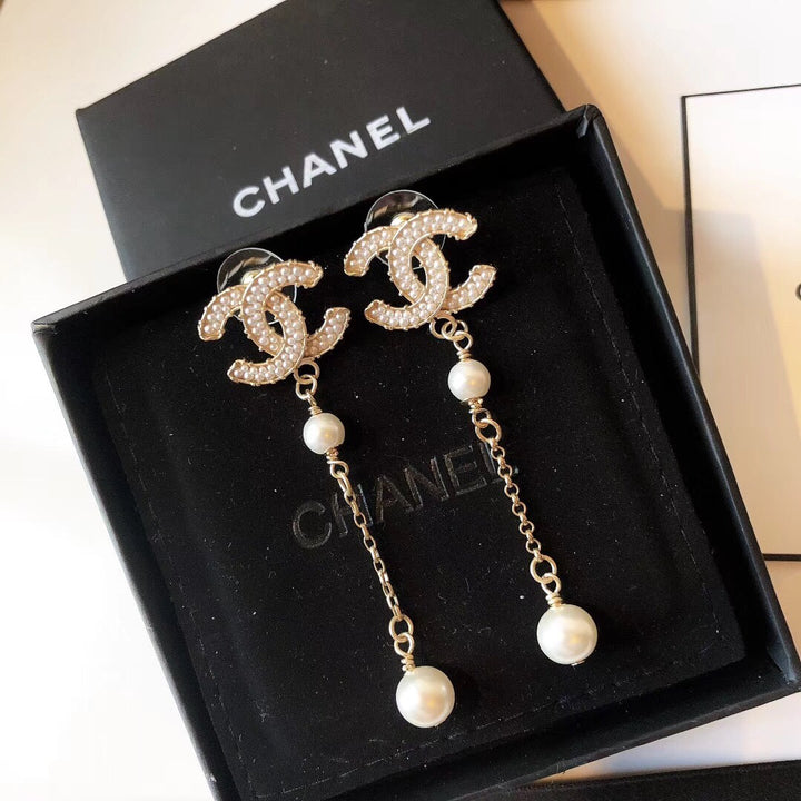 Fashion Double C Full Pearl Tassel Earrings