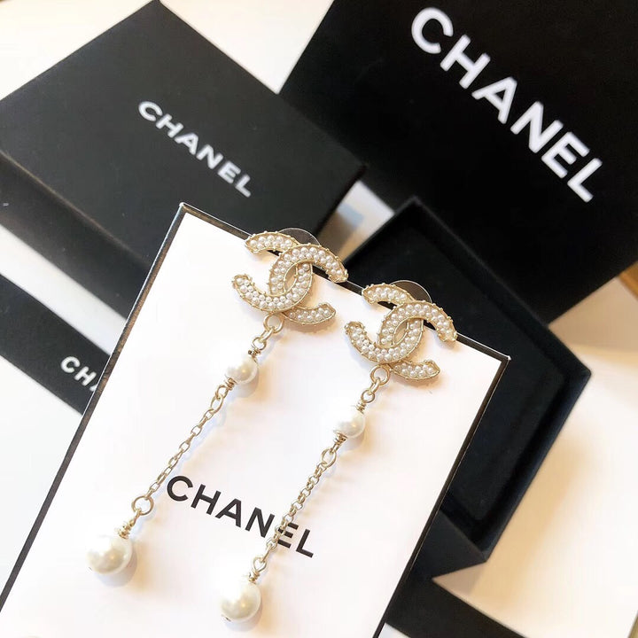 Fashion Double C Full Pearl Tassel Earrings