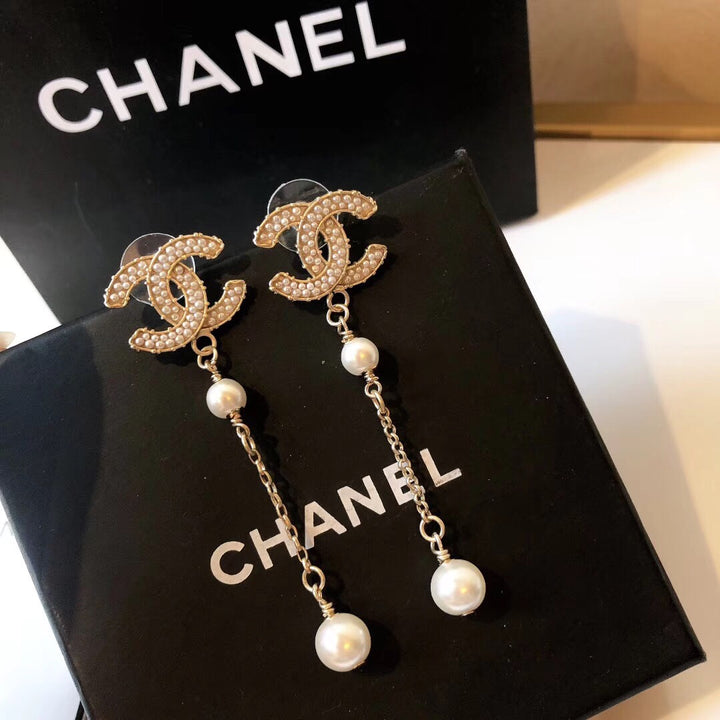 Fashion Double C Full Pearl Tassel Earrings