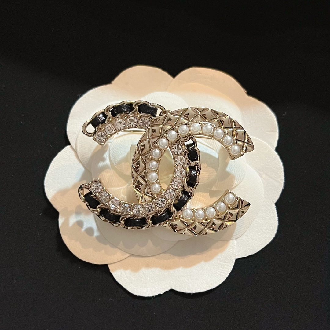 Double C Leather Pearl Brooch