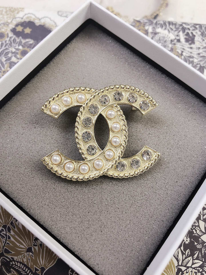 New Double C Pearl Rhinestone Set Brooch