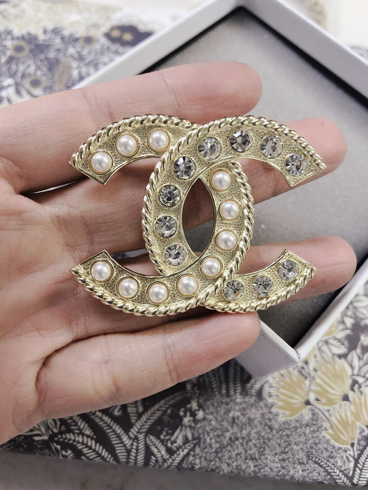 New Double C Pearl Rhinestone Set Brooch