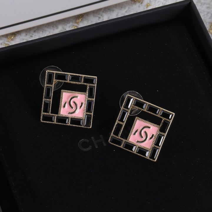 Luxury square black diamond hollow earrings