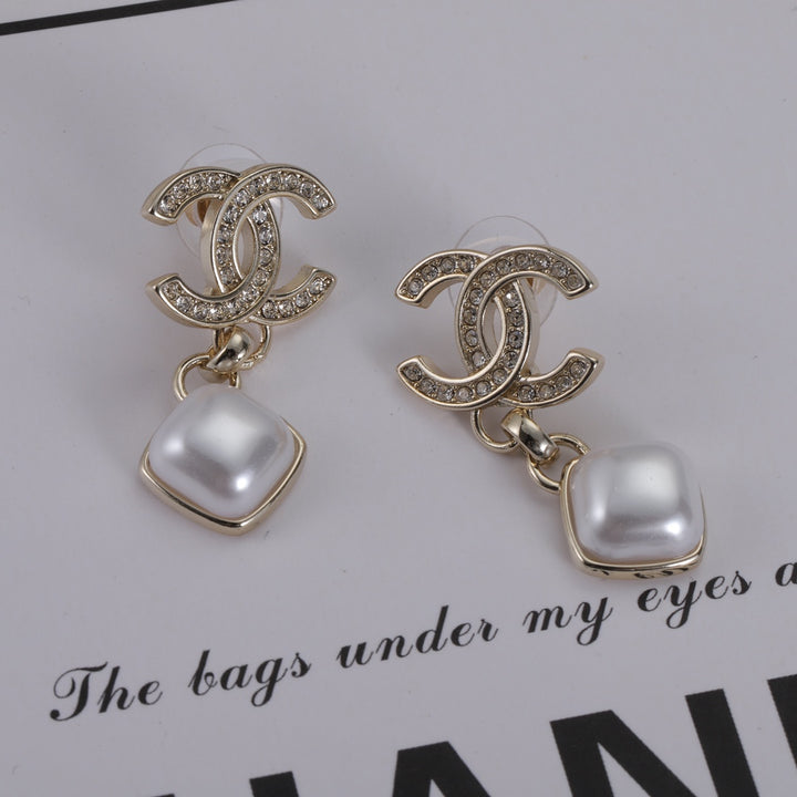 Double C Square Pearl Pendant Earrings