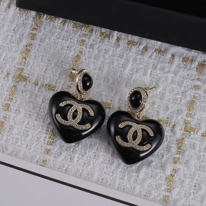 Double C Black Heart Stud Earrings