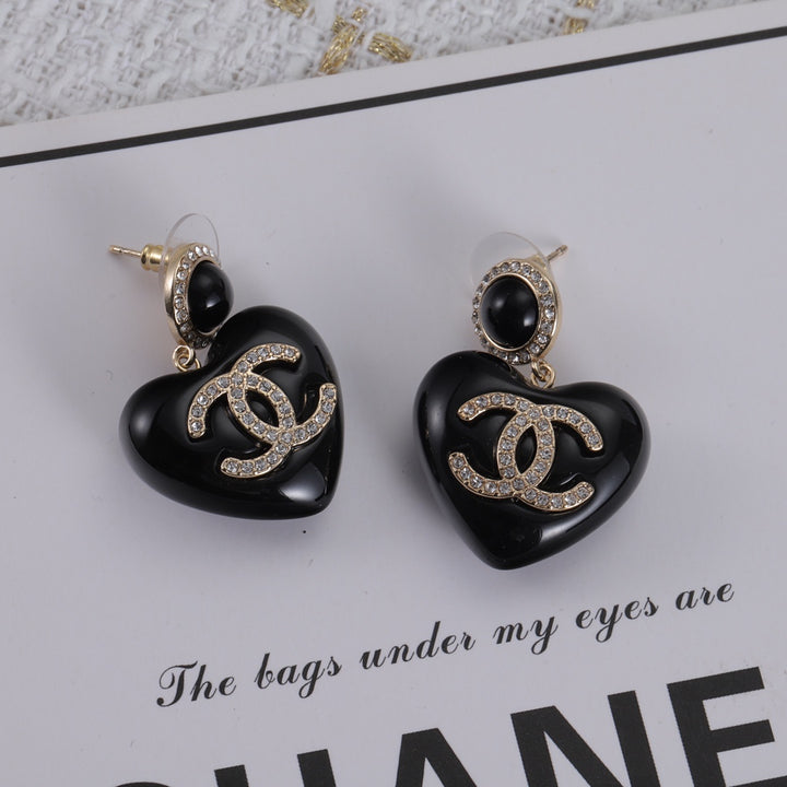 Double C Black Heart Stud Earrings