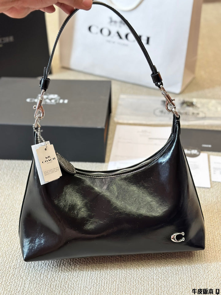 Waxed Cowhide Full Zip Dumpling Bag in Black