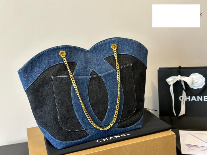 Colorblocked Large Double C Denim Tote Bag