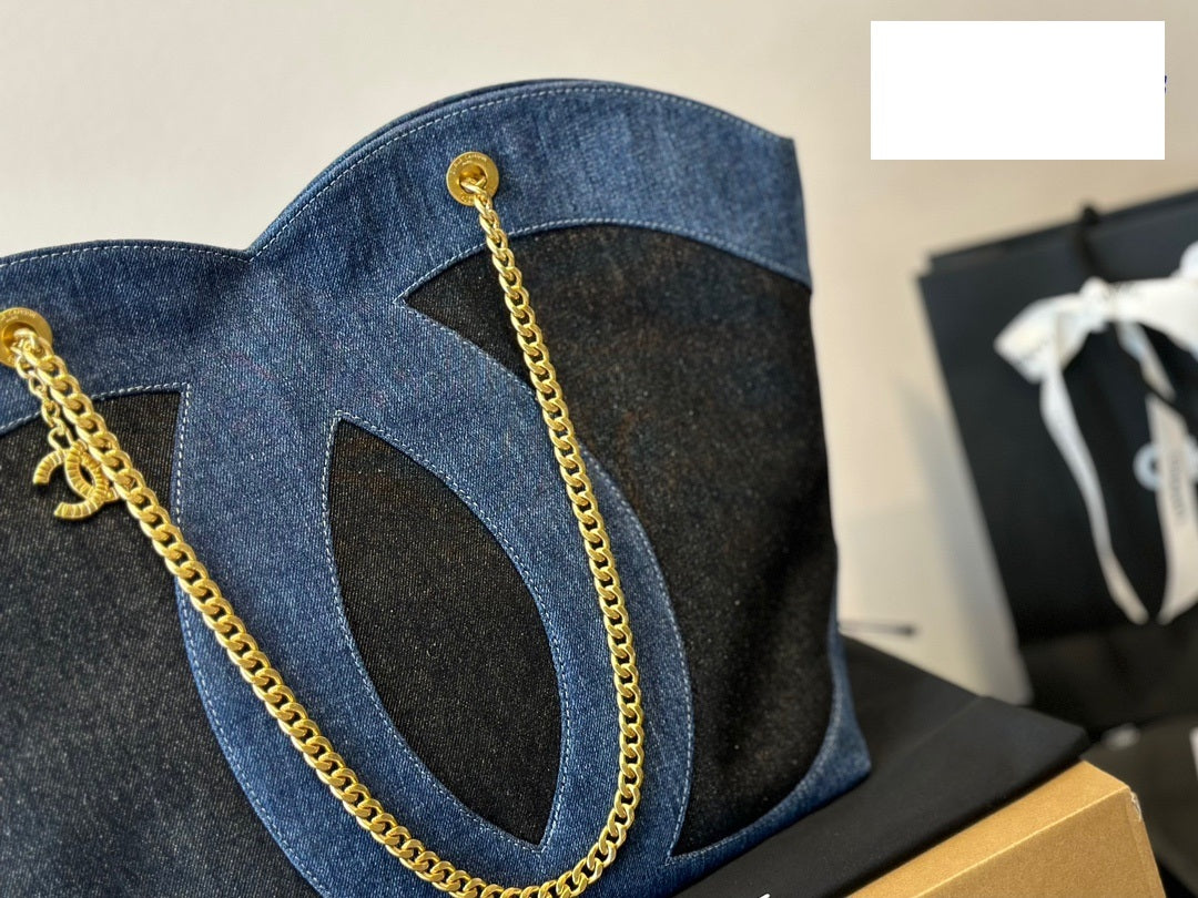 Colorblocked Large Double C Denim Tote Bag