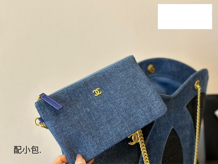 Colorblocked Large Double C Denim Tote Bag