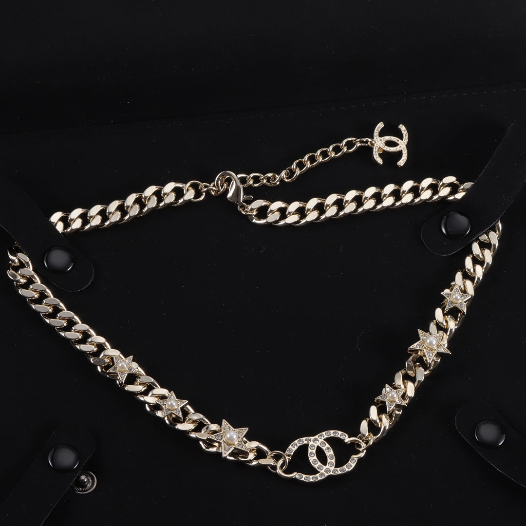 Double C Necklace with Diamonds and Pearls