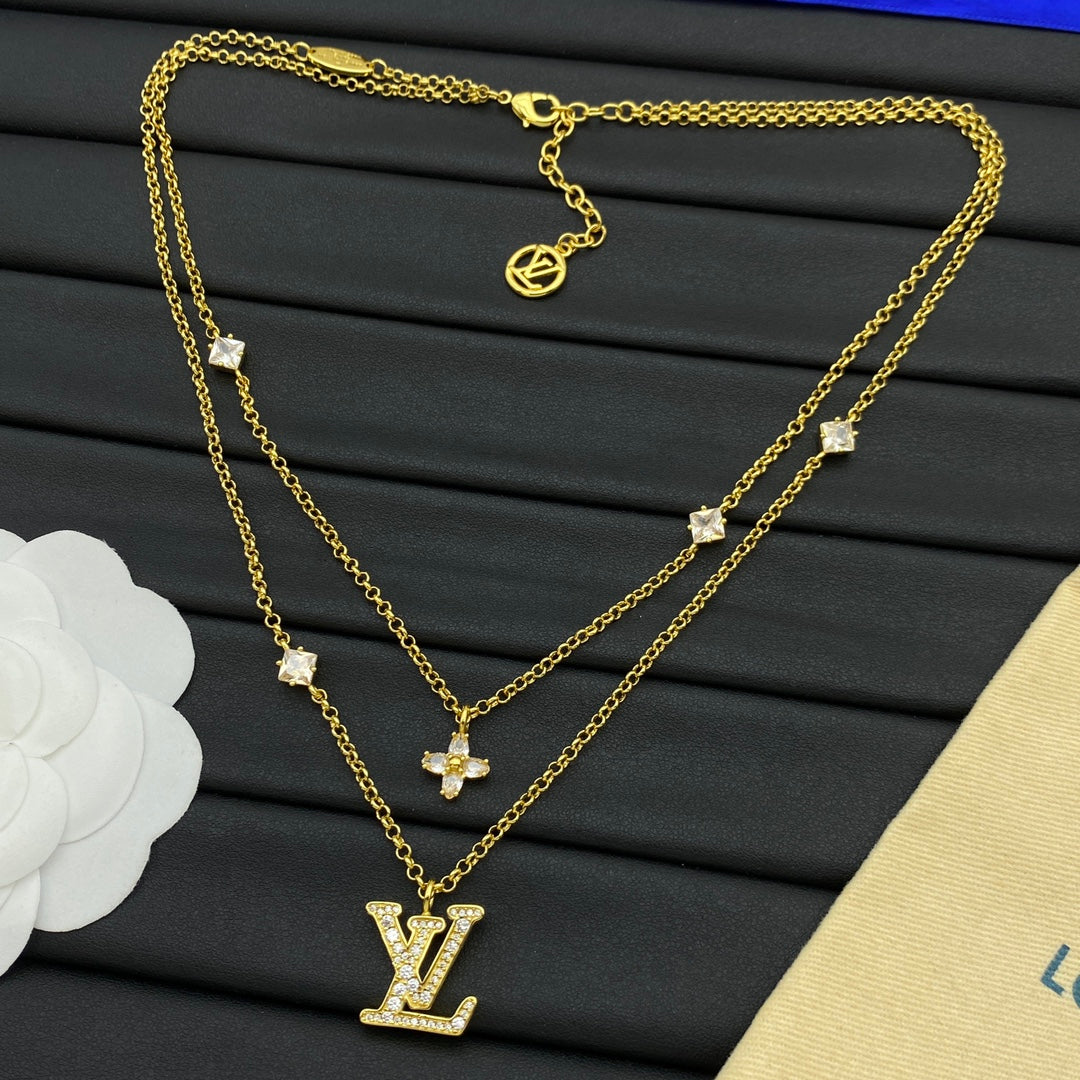 Double Layered Monogrammed Rhinestone Pendant Necklace