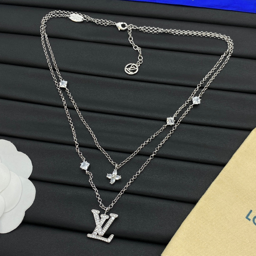 Double Layered Monogrammed Rhinestone Pendant Necklace