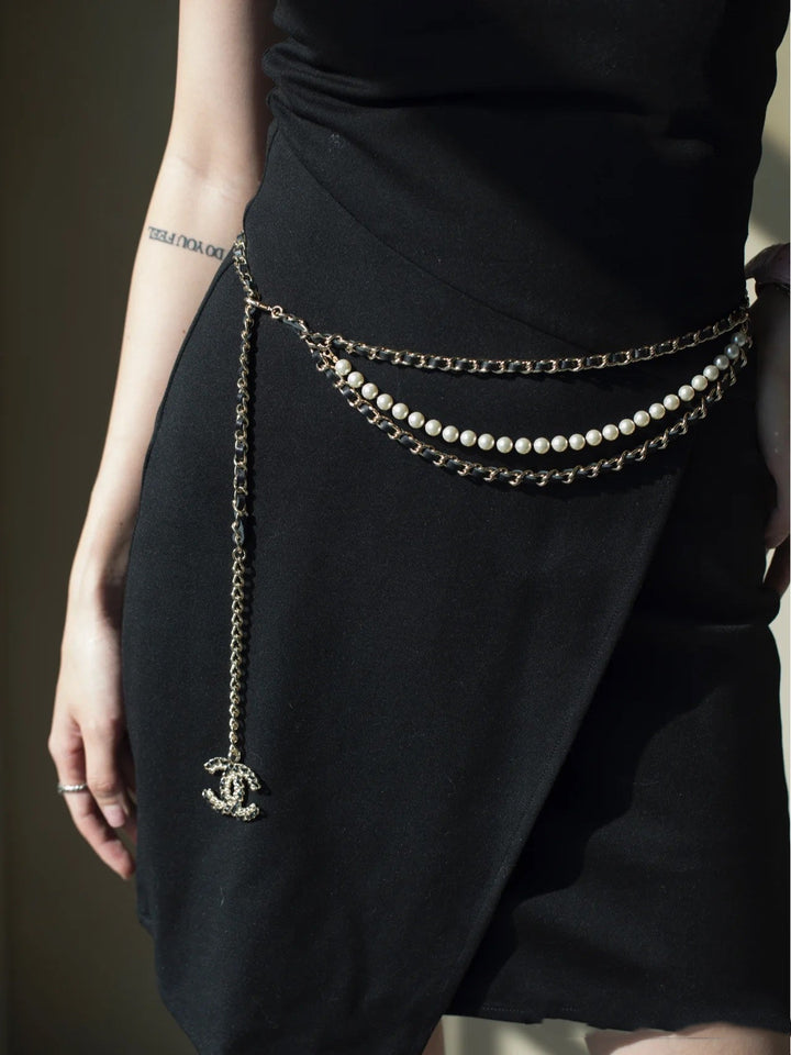 Luxury Leather Pearl Combo Women's Chain Belt