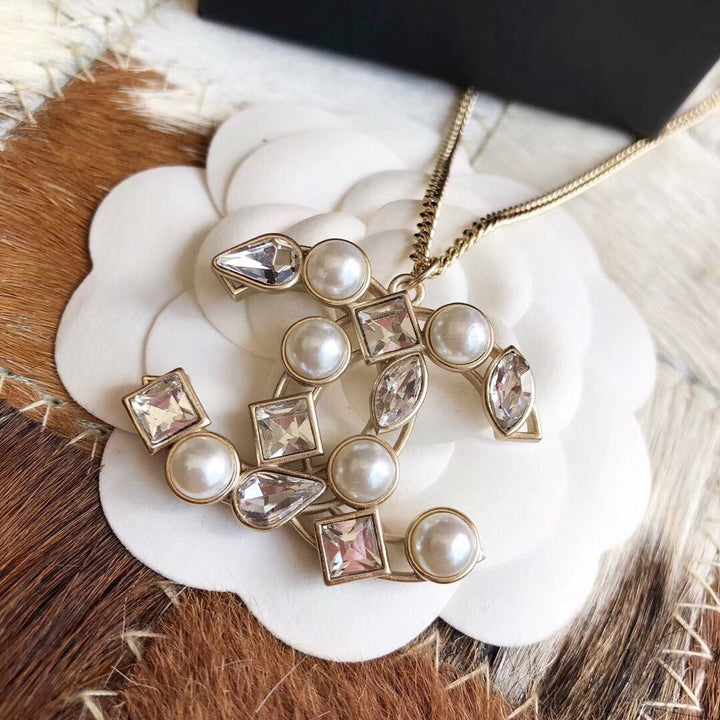 Fashion CC Pearl Irregular Crystal Sweater Chain