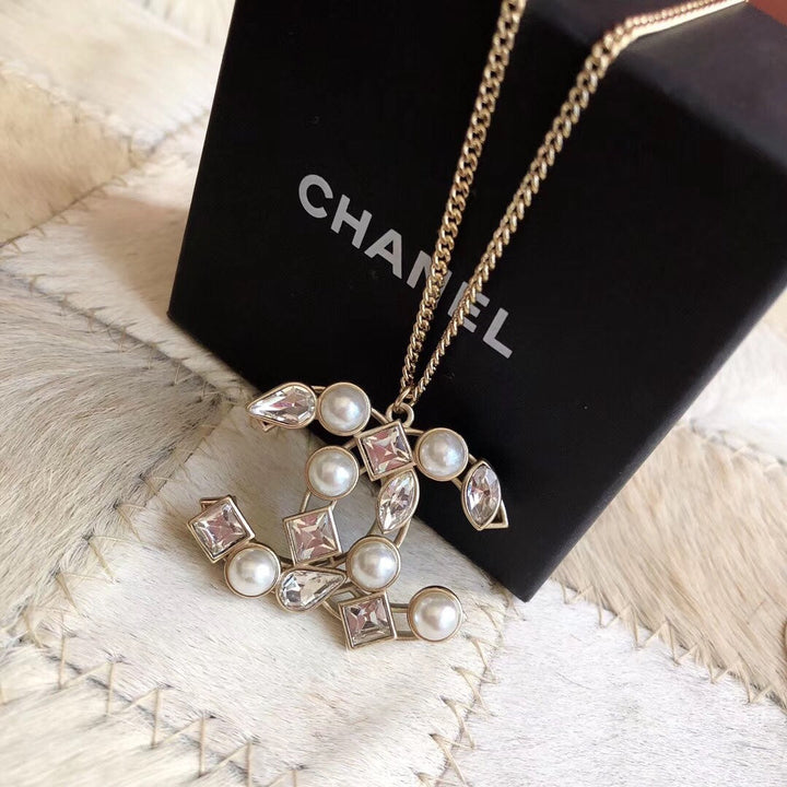 Fashion CC Pearl Irregular Crystal Sweater Chain