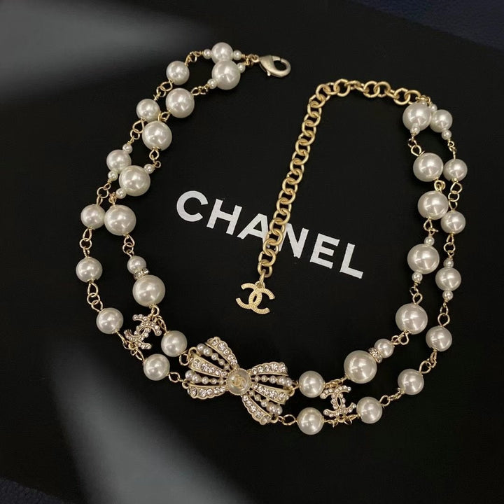 Luxury Pearl Rhinestone Bow Necklace