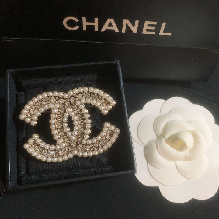 Fashion Rhinestone Pearl Double C Brooch