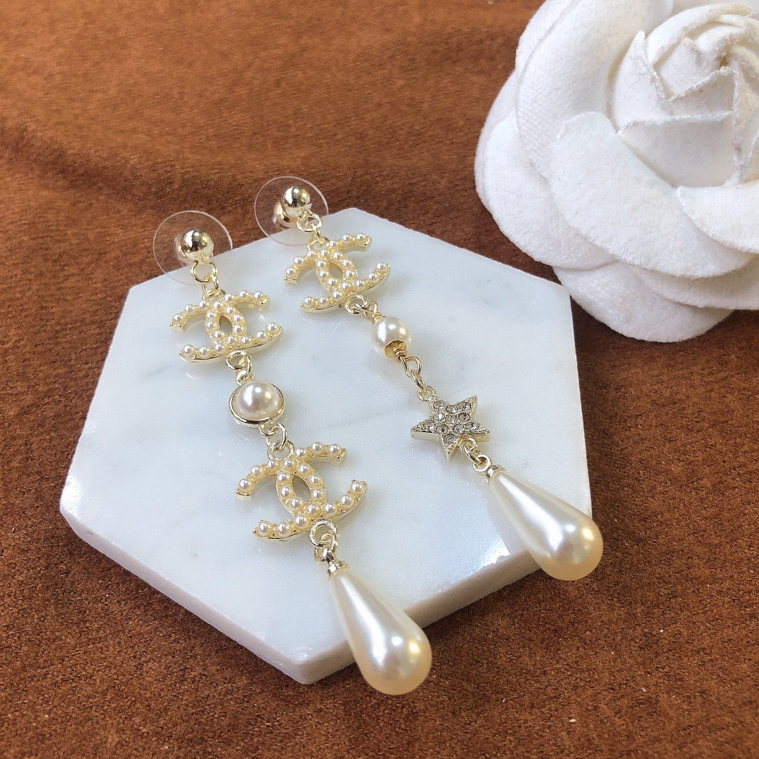 Classic Double C Flower Pearl Star Dangle Earrings