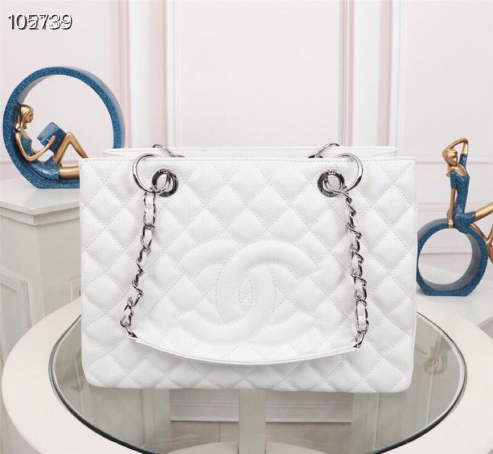 White Cowhide Handbag with Silver Buckle-M50995