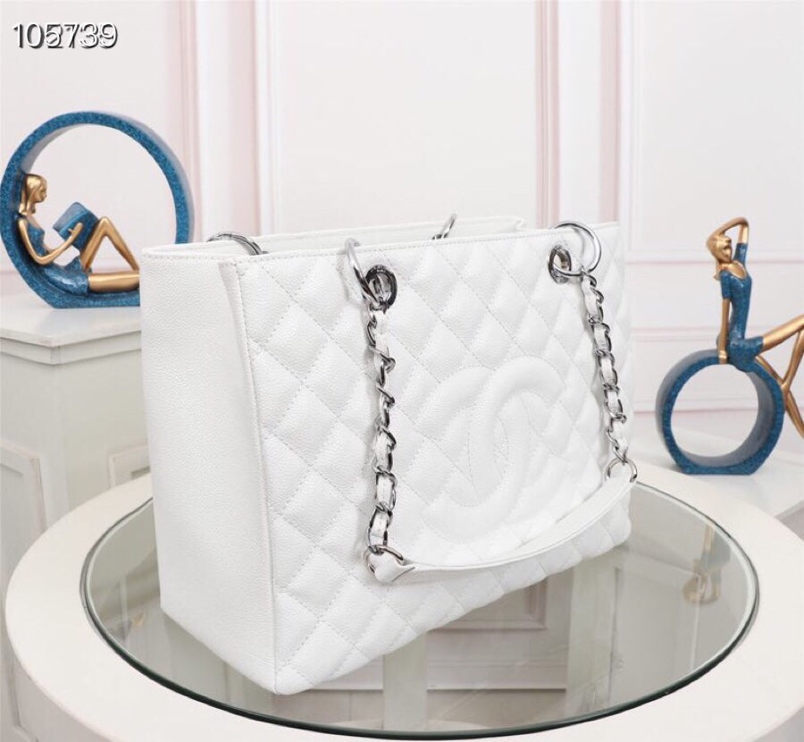 White Cowhide Handbag with Silver Buckle-M50995