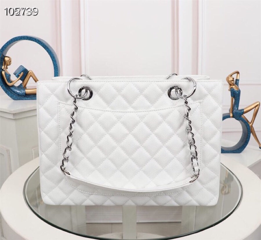 White Cowhide Handbag with Silver Buckle-M50995