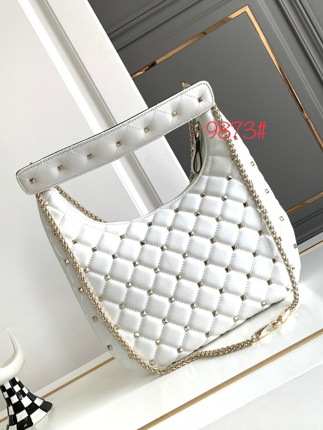 White Studded Sheepskin Handbag M9873