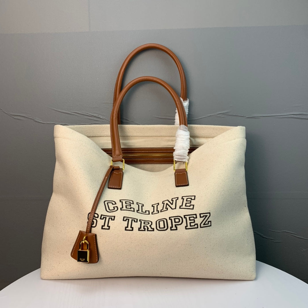 White Printed Canvas Cowhide Leather Tote Bag M1168