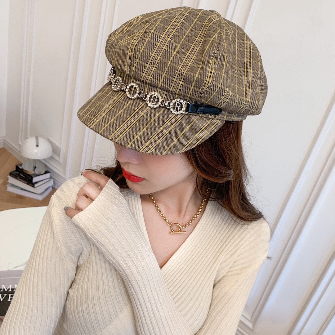 Fashion ladies plaid pattern octagonal hat