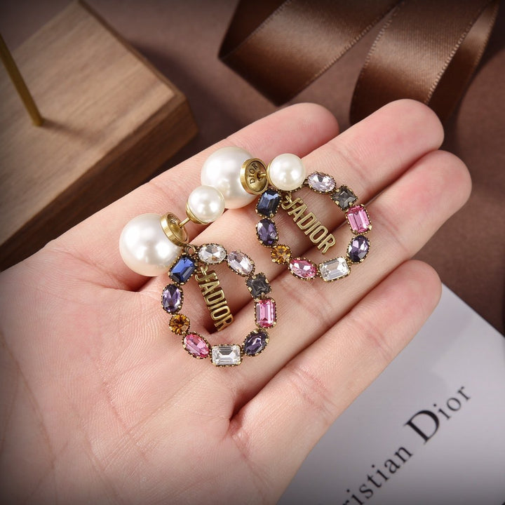 Elegant Colorful Rhinestone Pearl Letter Pendant Earrings