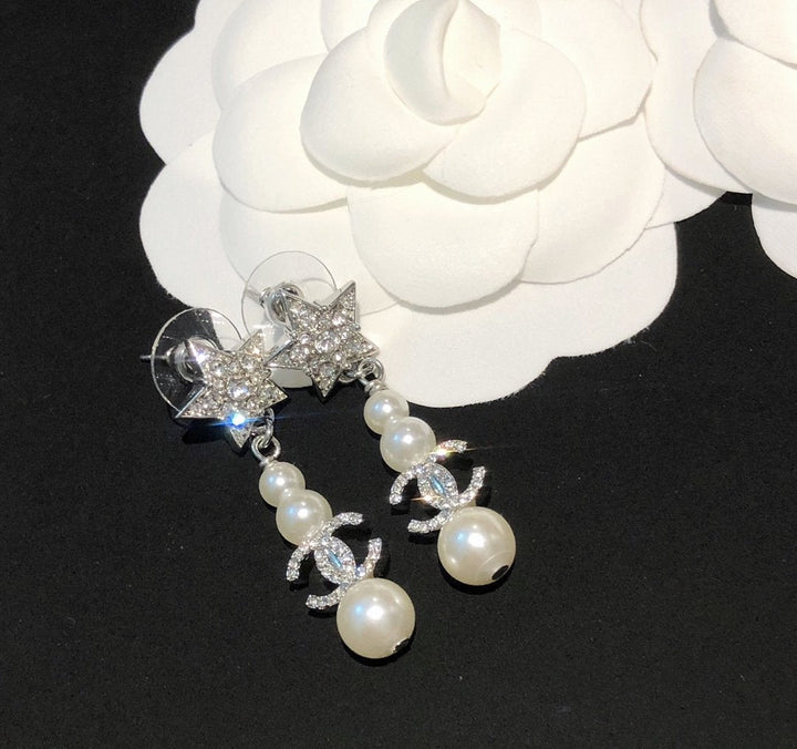 Elegant Pearl Crystal Star Pendant Earrings