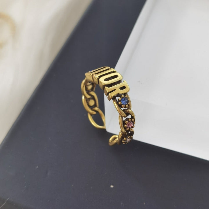 Letter Color Rhinestone Hollow Open Ring