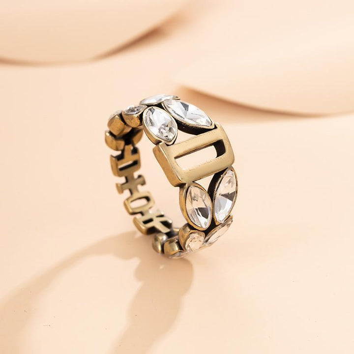 Letter Rhinestone Inlaid Hollow Ring