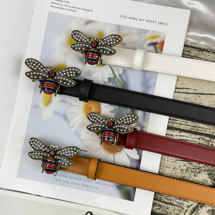 4 Colors luxury bee lychee pattern double-sided belt