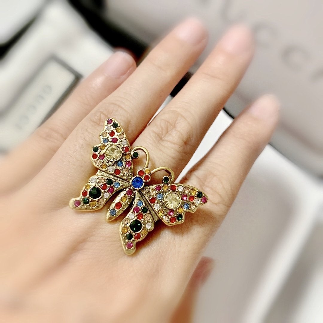 Elegant Colorful Rhinestone Butterfly Open Ring