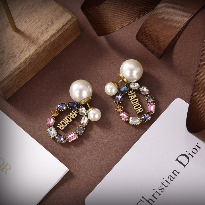 Elegant Colorful Rhinestone Pearl Letter Pendant Earrings