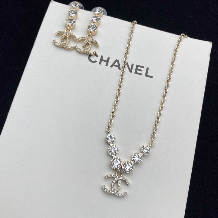 Fashion Double C Rhinestone Necklace and Earrings Set