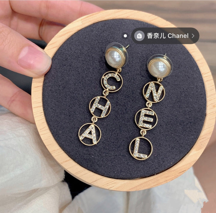 new letter rhinestone pearl earrings