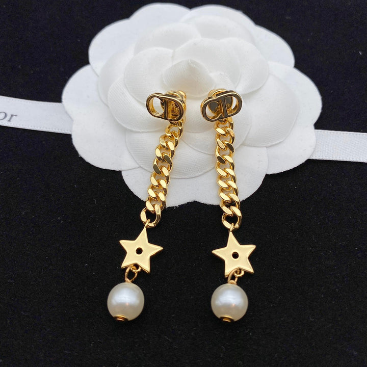 Fashion Star Pearl Ring Clasp Style Chain Earrings