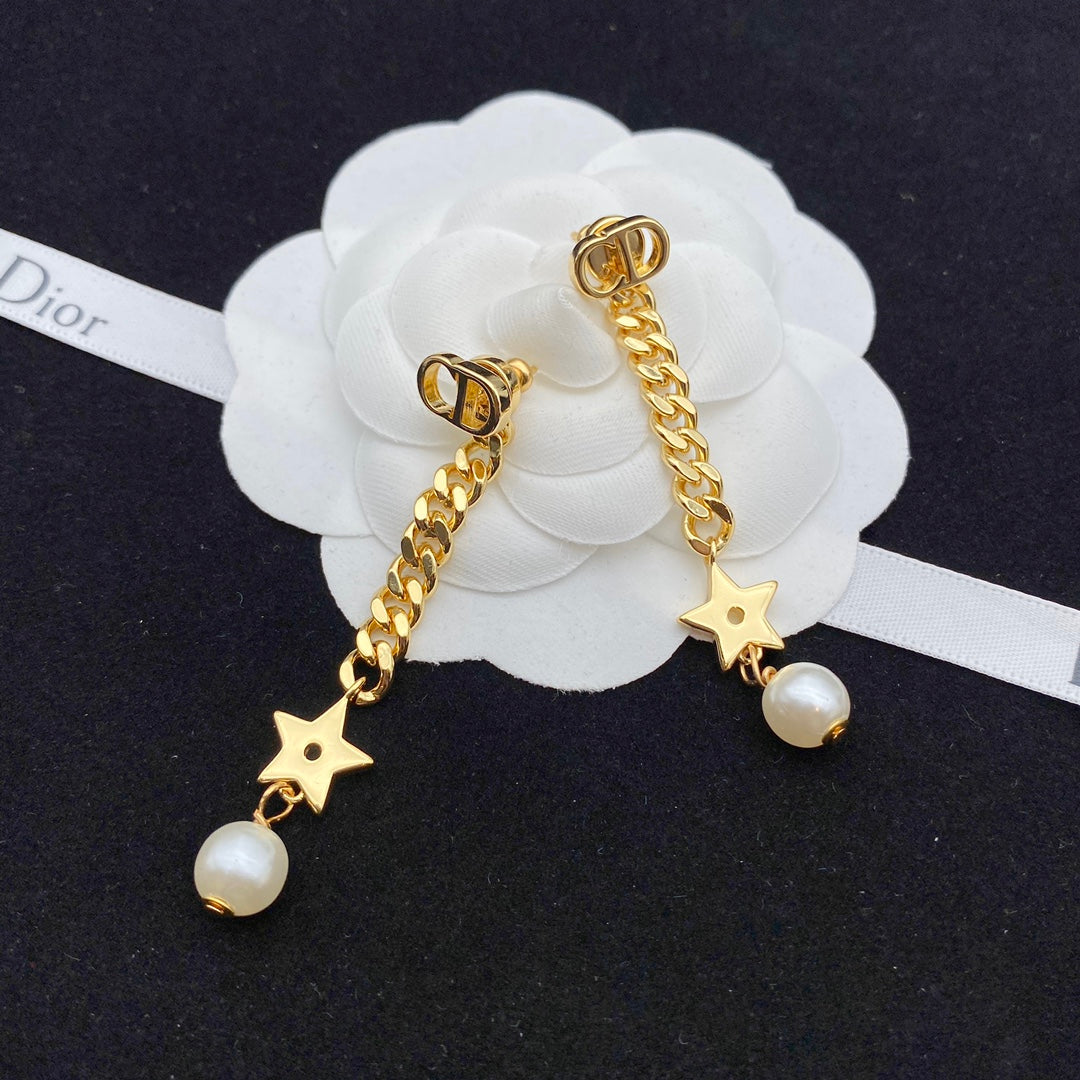 Fashion Star Pearl Ring Clasp Style Chain Earrings