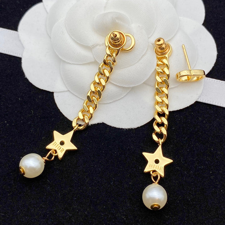 Fashion Star Pearl Ring Clasp Style Chain Earrings