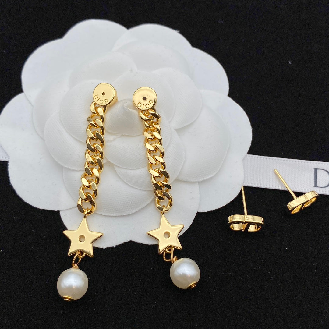 Fashion Star Pearl Ring Clasp Style Chain Earrings